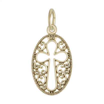 The Rembrandt Charms Filigree Oval Cross Charm—crafted in gold plating—features an openwork cross at its center, encircled by ornate scrolling patterns and a decorative border. With a convenient top loop for attaching to a chain, this elegant piece is a timeless addition to any religious jewelry collection.