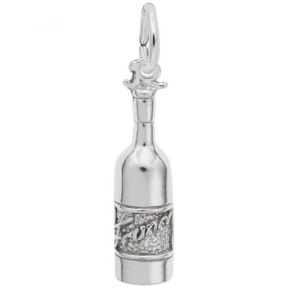 Image showing the France Bordeaux Wine Bottle Charm from Rembrandt Charms. The sterling silver charm features a detailed wine bottle, capturing the essence of Bordeaux's wine region. The dimensions are 0.2 inches by 0.74 inches (4.97 mm x 18.34 mm). This charm adds a touch of sophistication and cultural flair to any collection. Style number 8262.
