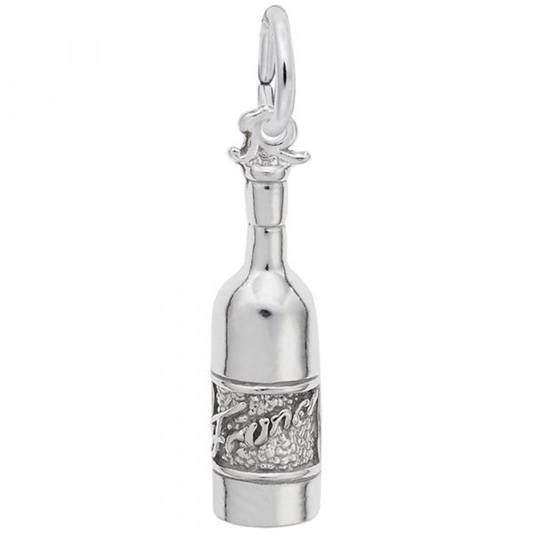 Image showing the France Bordeaux Wine Bottle Charm from Rembrandt Charms. The sterling silver charm features a detailed wine bottle, capturing the essence of Bordeaux's wine region. The dimensions are 0.2 inches by 0.74 inches (4.97 mm x 18.34 mm). This charm adds a touch of sophistication and cultural flair to any collection. Style number 8262.