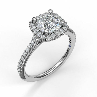 The FANA 14K White Gold Cushion Halo Diamond Engagement Ring features a striking lab-grown diamond center, surrounded by a halo of diamonds and additional diamonds set along the band.