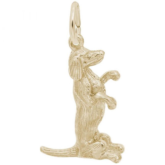 The Rembrandt Charms' Sitting Dachshund / Gold Plated Charm features a gold-plated dachshund sitting upright on its hind legs, with a smooth coat, long ears, and detailed features. It includes an attached ring for use as a pendant or keychain.