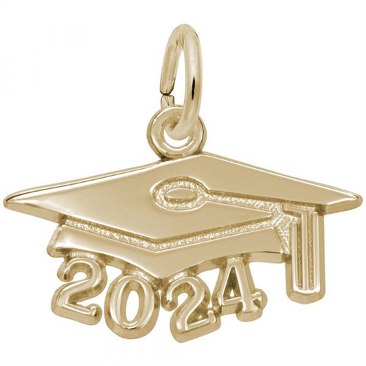 The Rembrandt Charms gold plated 2024 Lg Grad Cap pendant is designed in the shape of a graduation cap with the year "2024" engraved at the bottom. It includes a small loop at the top for easy attachment to a necklace or keychain.