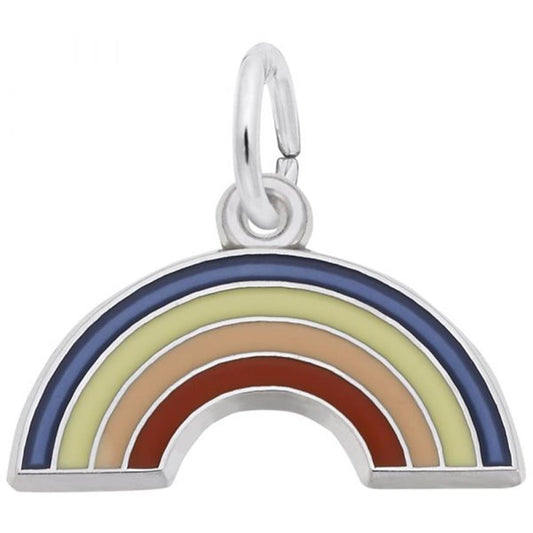 The Rembrandt Charms Rainbow Charm in sterling silver features five curved bands in pastel colors: dark blue, light yellow, peach, light orange, and brown. This unique accessory includes a small loop at the top for attaching to a chain.