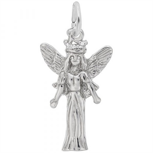 The Rembrandt Charms fairy charm in sterling silver features detailed wings, a flowing dress, and a crown. Intricate engravings capture its whimsical and magical design.