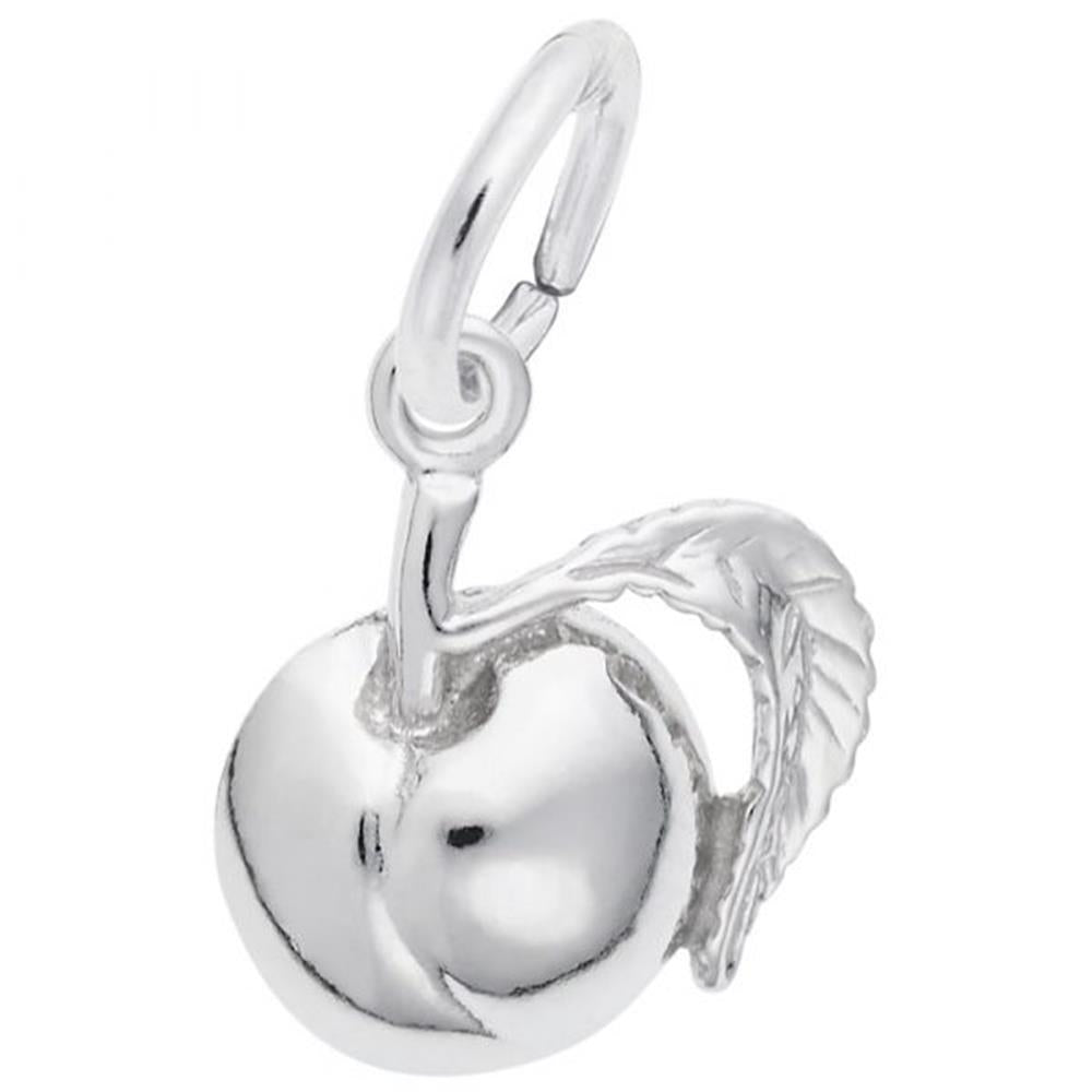 The Rembrandt Charms Plump Peach Charm, crafted from sterling silver, features a detailed leaf design and includes a small loop at the top for easy attachment to a bracelet or necklace.