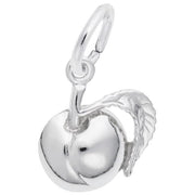 The Rembrandt Charms Plump Peach Charm, crafted from sterling silver, features a detailed leaf design and includes a small loop at the top for easy attachment to a bracelet or necklace.