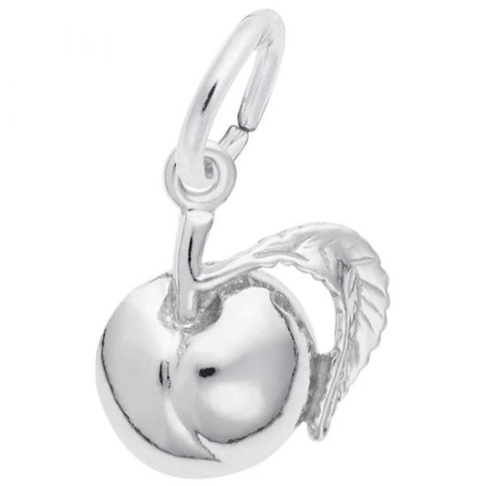The Rembrandt Charms Plump Peach Charm, crafted from sterling silver, features a detailed leaf design and includes a small loop at the top for easy attachment to a bracelet or necklace.