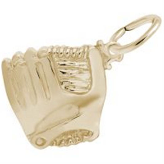 The Rembrandt Charms "base ball glove w ball charm" in gold showcases intricate stitching and finger lines. It includes a loop for easy attachment to bracelets or necklaces.