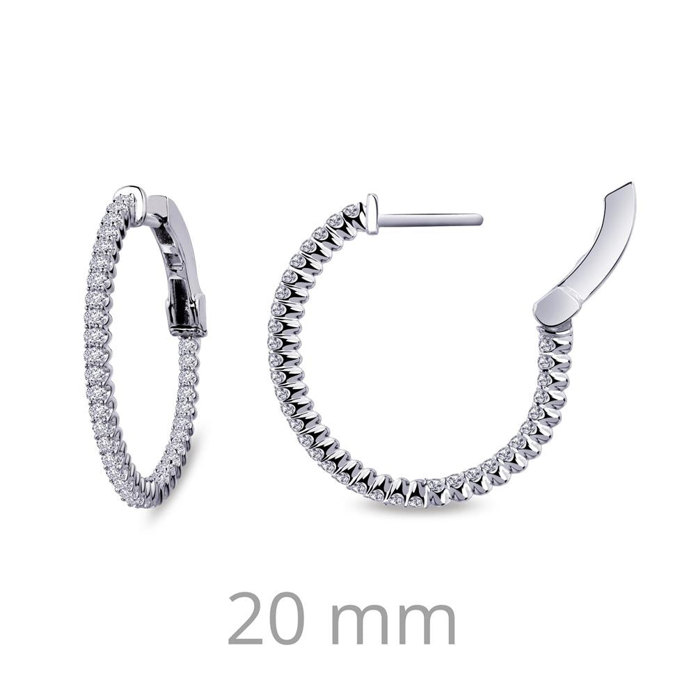 The Diamond Hoop Earrings by Lafonn feature a series of small, round simulated diamonds encircling the entire sterling silver loop. The image displays one earring closed and the other open to showcase their mechanism, with a measurement of 20 mm indicated below them.