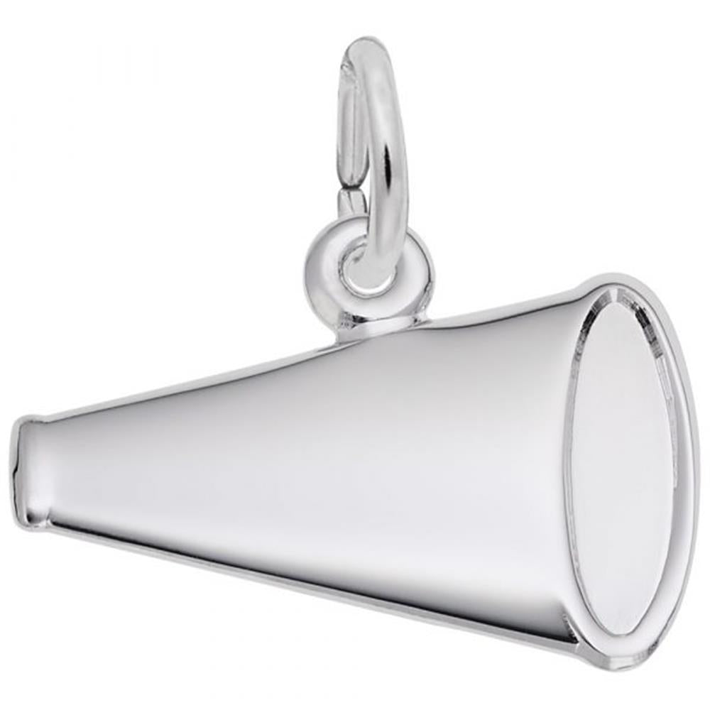 The Megaphone Charm / Sterling Silver by Rembrandt Charms boasts a smooth, shiny surface with a small loop at the narrow end for attaching to a chain or bracelet. This cone-shaped charm features the wider end representing the bell of the megaphone.