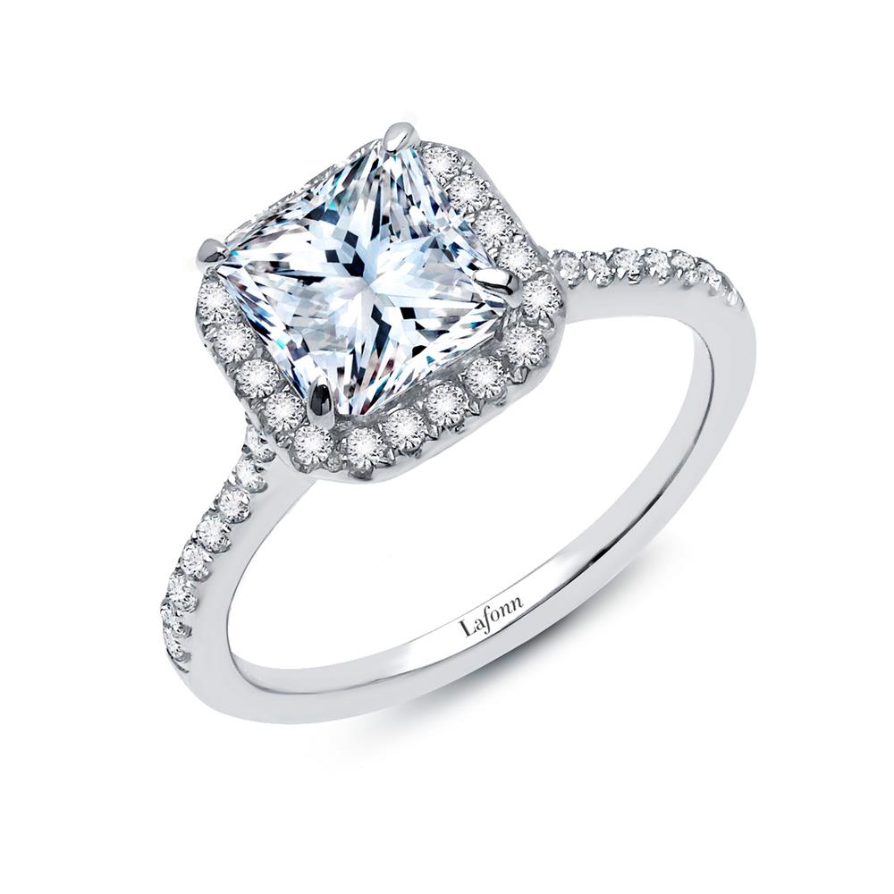 The Lafonn 2.34 CTW Halo Engagement Ring showcases a stunning large square-cut diamond, surrounded by smaller round diamonds adorning both the halo and band. The exquisite piece also features the brand name "Lafonn" elegantly engraved on its interior.