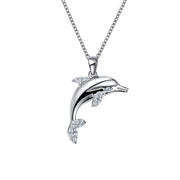 The Leaping Dolphin Necklace | Lafonn by Lafonn showcases a silver pendant intricately shaped like a jumping dolphin, embellished with small, sparkling crystals on its fins, tail, and face. This elegant and shimmering piece hangs gracefully from a delicate silver chain.
