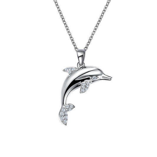 The Leaping Dolphin Necklace | Lafonn by Lafonn showcases a silver pendant intricately shaped like a jumping dolphin, embellished with small, sparkling crystals on its fins, tail, and face. This elegant and shimmering piece hangs gracefully from a delicate silver chain.