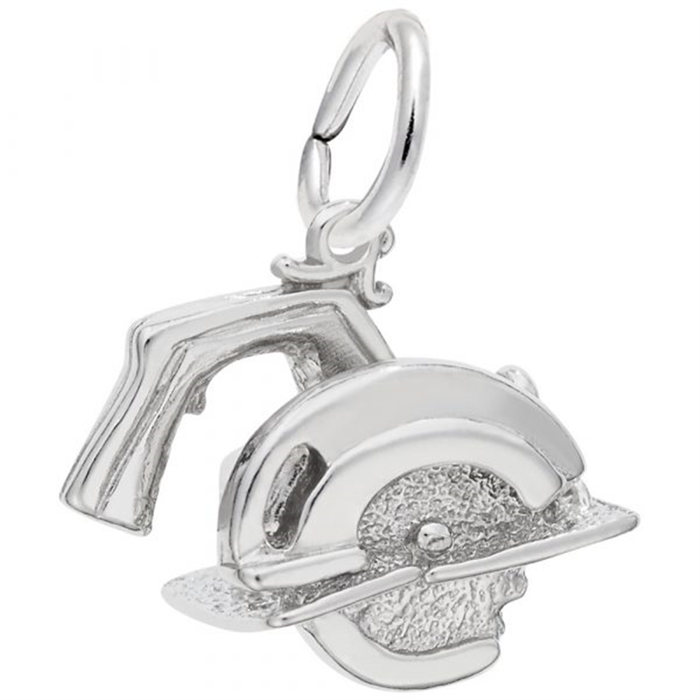 The Rembrandt Charms electric saw sterling silver charm boasts intricate details such as a textured blade and a loop for attaching to a necklace or bracelet.