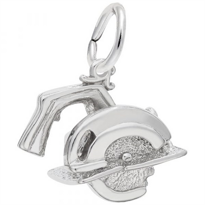 The Electric Saw Charm by Rembrandt Charms is a sterling silver piece shaped like a small electric circular saw, featuring a loop at the top for easy attachment to a bracelet or necklace. This distinctive tool-themed jewelry makes an ideal gift for carpenters or a meaningful addition to any collection.