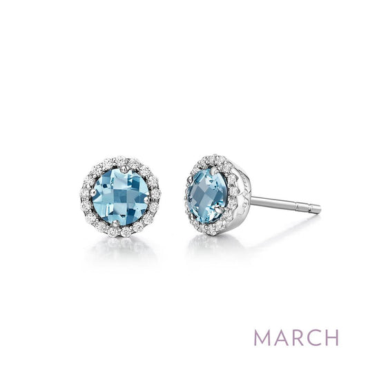 Lafonn's March Birthstone Earrings feature stunning aquamarine stones surrounded by clear gems set in sleek silvery metal, with "MARCH" elegantly inscribed on the bottom right.