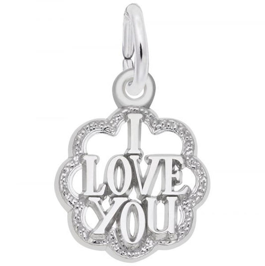 The Rembrandt Charms "I Love You Charm" is an intricate sterling silver piece shaped like a flower, featuring the words "I LOVE YOU" inscribed in the center. The charm includes a loop at the top for easy attachment to a bracelet or necklace, with delicate detailing around the flower petals.