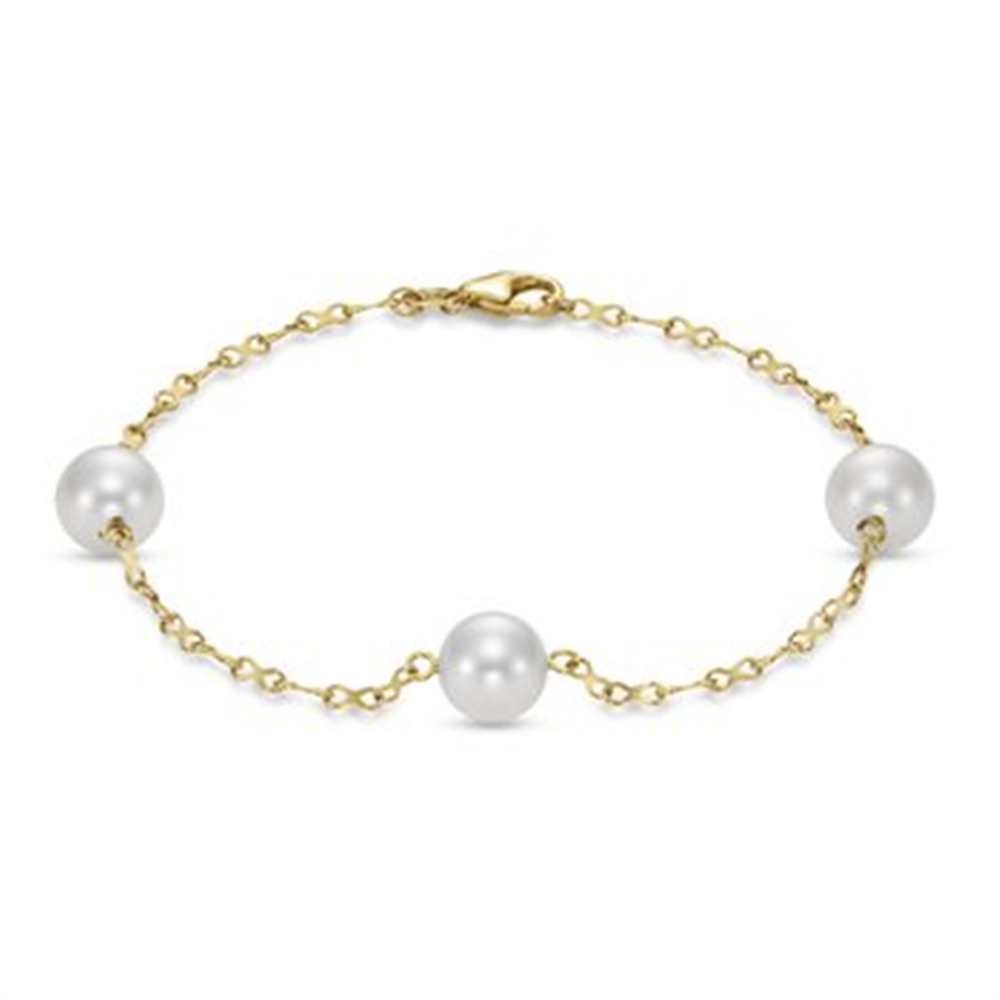 The Mastoloni Pearls infinity chain w/ 8mm pearls bracelet - 7.5in features three evenly spaced 8mm pearls on a delicate gold chain with a lobster clasp closure.