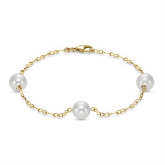 The Mastoloni Pearls infinity chain w/ 8mm pearls bracelet - 7.5in features three evenly spaced 8mm pearls on a delicate gold chain with a lobster clasp closure.