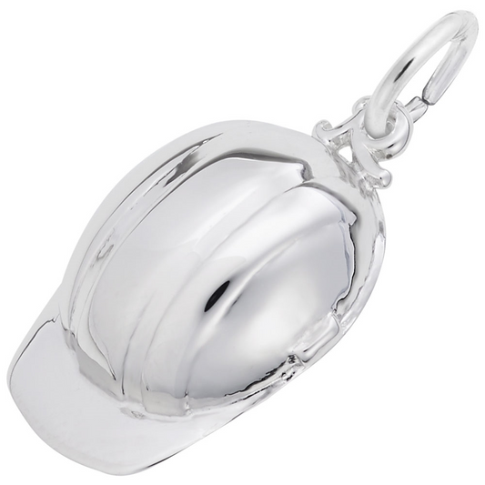 A polished Construction Hat Charm in Sterling Silver by Rembrandt Charms, featuring a small loop for easy attachment to a bracelet or necklace. The charm showcases a sleek design and smooth surface, resembling a construction or safety helmet.
