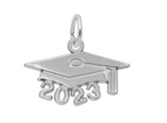 The Large Grad Cap 2023 Charm by Rembrandt Charms features a sterling silver graduation cap with "2023" inscribed beneath it, symbolizing the graduation year. The pendant includes a small loop at the top for easy attachment to a chain or bracelet. This elegant and simple charm perfectly captures the essence of academic achievement.