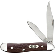 The Brown Synthetic Standard Knife, model Case 00046, by W.R. Case & Sons Cutlery Co., features two open blades and a brown synthetic handle with a textured grip and silver end caps. The handle has an oval emblem displaying "CASE," which is also visible on the base of one blade. This peanut-style knife boasts sharp metallic blades, combining practical design with durable materials.