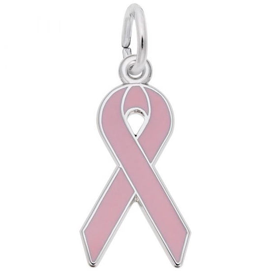 The Pink Ribbon Charm by Rembrandt Charms is a small pendant made from sterling silver, embodying breast cancer awareness with its smooth, glossy finish. This delicate charm features a small circular loop at the top, making it perfect for wearing on a necklace or bracelet.