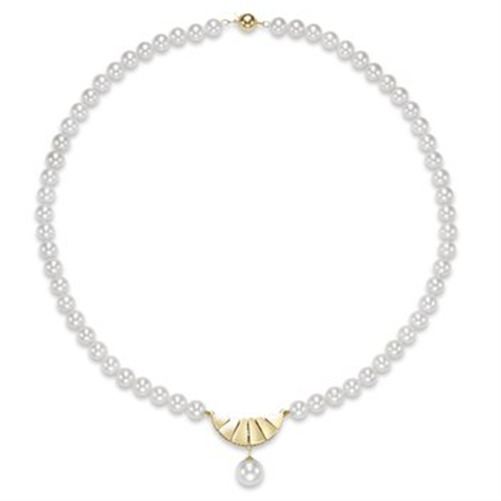 The Mastoloni Pearls 18" shield necklace features 6.5-10.5mm freshwater pearls spaced evenly and a central gold fan-shaped pendant adorned with a single dangling pearl.