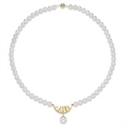 The Mastoloni Pearls 18" shield necklace features 6.5-10.5mm freshwater pearls spaced evenly and a central gold fan-shaped pendant adorned with a single dangling pearl.