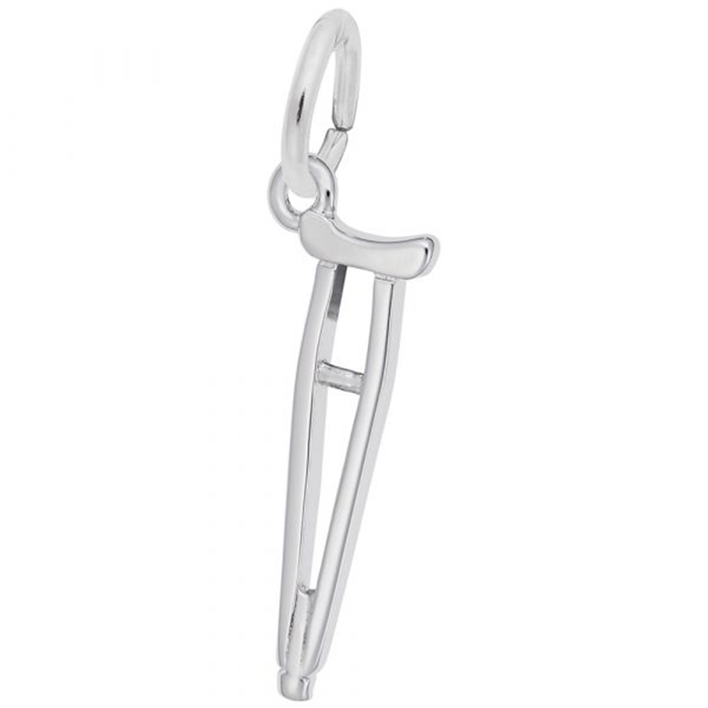 Crutch Charm- Sterling Silver by Rembrandt Charms—a crutch-shaped sterling silver charm with a convenient loop at the top for attaching to a necklace or bracelet, shown on a white background. This meaningful piece of resilience jewelry makes an ideal recovery gift.