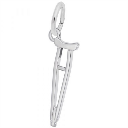 The Rembrandt Charms "Crutch" is a silver charm designed like a miniature mobility aid, complete with a loop for attaching to bracelets or necklaces. It features intricate lines and curves that enhance its realistic resemblance to an actual crutch.