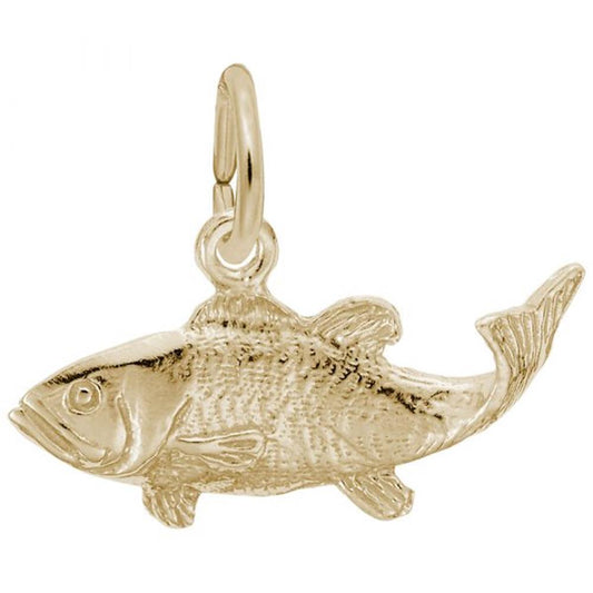 Image of a sterling silver Bass Fish Charm, Style 0487, 0.76 in x 0.32 in (19.24 mm x 8.23 mm). The charm features a detailed depiction of a bass fish, attached to a loop for easy addition to any charm bracelet.