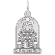 'Sterling silver flat charm featuring a nutcracker design with the text: NUTCRACKER. Style 1689, 0.55 in x 0.94 in (14 mm x 24 mm).'