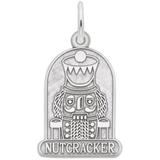 'Sterling silver flat charm featuring a nutcracker design with the text: NUTCRACKER. Style 1689, 0.55 in x 0.94 in (14 mm x 24 mm).'
