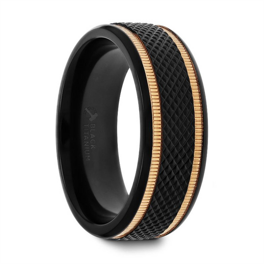 The BAROQUE Black Titanium Diamond Pattern Brushed Finish Men’s Wedding Ring by Thorsten is a sleek and modern men’s wedding ring. It features a textured surface with two slim, gold milgrain grooves encircling the center, and has a smooth interior with the engraving "BLACK TITANIUM" visible.