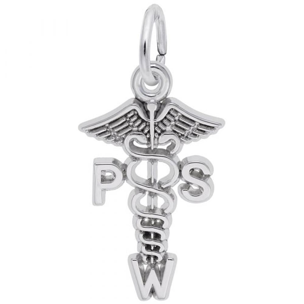 The Psw Charm / Sterling Silver from Rembrandt Charms is an elegant sterling silver pendant featuring a caduceus symbol with two snakes and wings. The design incorporates the letters "P," "S," and "W" on either side and below the caduceus, with a loop at the top for attaching to a chain.
