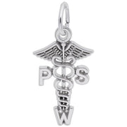 The Psw Charm / Sterling Silver from Rembrandt Charms is an elegant sterling silver pendant featuring a caduceus symbol with two snakes and wings. The design incorporates the letters "P," "S," and "W" on either side and below the caduceus, with a loop at the top for attaching to a chain.