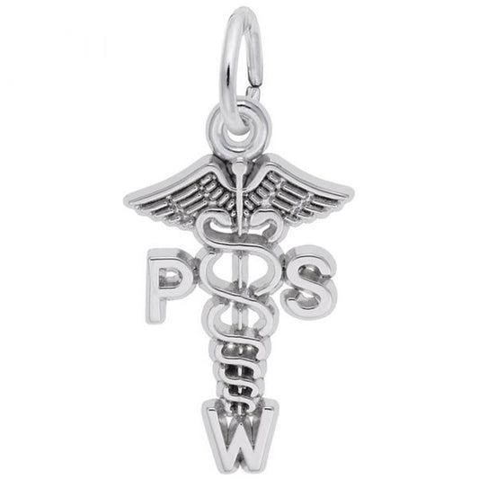 The Psw Charm / Sterling Silver from Rembrandt Charms is an elegant sterling silver pendant featuring a caduceus symbol with two snakes and wings. The design incorporates the letters "P," "S," and "W" on either side and below the caduceus, with a loop at the top for attaching to a chain.