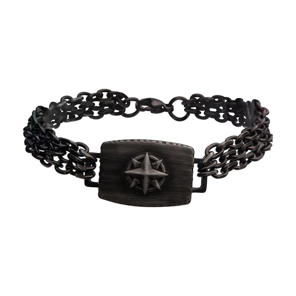 The INOX Gun Metal IP Compass Plate with Double Chain Link Bracelet is a black men's bracelet featuring a rectangular centerpiece adorned with a star-like design. The band, which is gun metal plated, consists of multiple double chain links, giving it a rugged and intricate appearance.