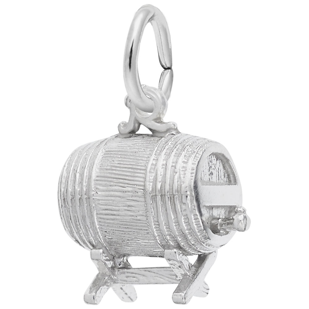 The image shows the Sterling Silver Barrel Keg Charm from Rembrandt Charms. The charm is crafted in sterling silver and features a detailed design of a traditional barrel keg. It measures 0.48 inches by 0.41 inches (12.21 mm x 10.44 mm) and has the style number 8136. This charm is a perfect keepsake for those who appreciate vintage charm and brewing heritage.