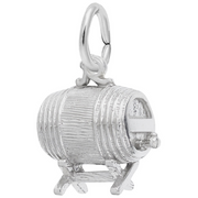 The image shows the Sterling Silver Barrel Keg Charm from Rembrandt Charms. The charm is crafted in sterling silver and features a detailed design of a traditional barrel keg. It measures 0.48 inches by 0.41 inches (12.21 mm x 10.44 mm) and has the style number 8136. This charm is a perfect keepsake for those who appreciate vintage charm and brewing heritage.
