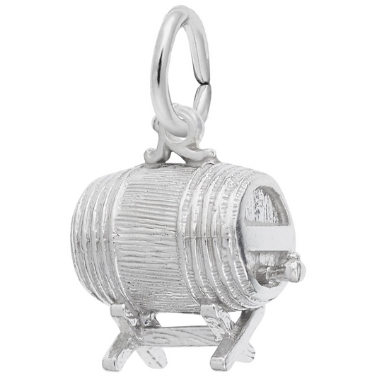 The image shows the Sterling Silver Barrel Keg Charm from Rembrandt Charms. The charm is crafted in sterling silver and features a detailed design of a traditional barrel keg. It measures 0.48 inches by 0.41 inches (12.21 mm x 10.44 mm) and has the style number 8136. This charm is a perfect keepsake for those who appreciate vintage charm and brewing heritage.