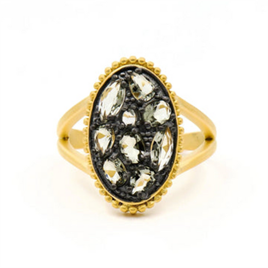 The Freida Rothman Rose D'or Oval Radiance Ring (RDYKGR01-7), size 7, features an oval face with clear marquise-cut gemstones on a black background, textured gold border, and split shank band.