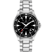 The Hamilton Khaki Navy Scuba Automatic Watch features a silver stainless steel band, a ceramic bezel, and a black dial with white hour markers. This timepiece displays both 12-hour and 24-hour formats, includes a date window at the 4 o’clock position, and boasts an impressive water resistance of up to 300 meters.