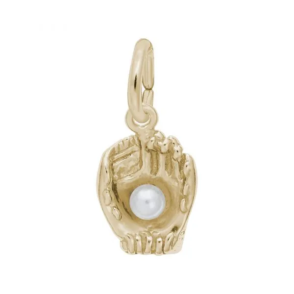 Image of a gold-plated sterling silver Baseball Glove with Pearl Accent Charm, Style 0435, 0.36 in x 0.42 in (9.18 mm x 10.77 mm). The charm features a detailed baseball glove design holding a single pearl in the center, attached to a loop for easy addition to any charm bracelet.
