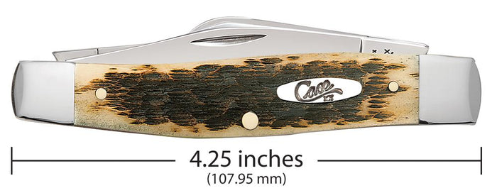 The Large Stockman Knife by W.R. Case & Sons Cutlery Co. features a brown and black textured Amber Bone handle with shiny metal bolsters. The partially visible blade when folded measures 4.25 inches (107.95 mm). The handle proudly displays the "Case" brand logo.