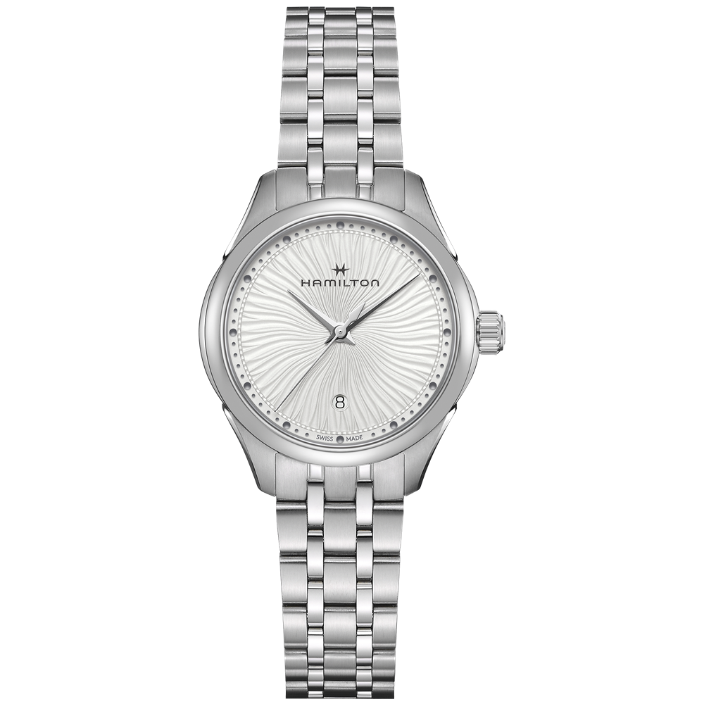 The Hamilton Lady Quartz Watch boasts sophisticated charm with its silver stainless steel design, round dial adorned with an intricate swirl pattern, and minimalist hour markers. This elegant timepiece features a small date window at the 6 o'clock position and a classic link bracelet. The brand logo is positioned just below the 12 o'clock mark.