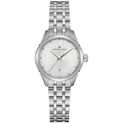 The Hamilton Lady Quartz Watch boasts sophisticated charm with its silver stainless steel design, round dial adorned with an intricate swirl pattern, and minimalist hour markers. This elegant timepiece features a small date window at the 6 o'clock position and a classic link bracelet. The brand logo is positioned just below the 12 o'clock mark.