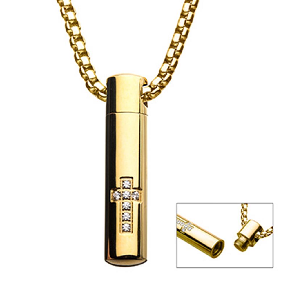 Stainless Steel Gold Plated Stash with Cross Clear CZ Pendant | 22" | INOX