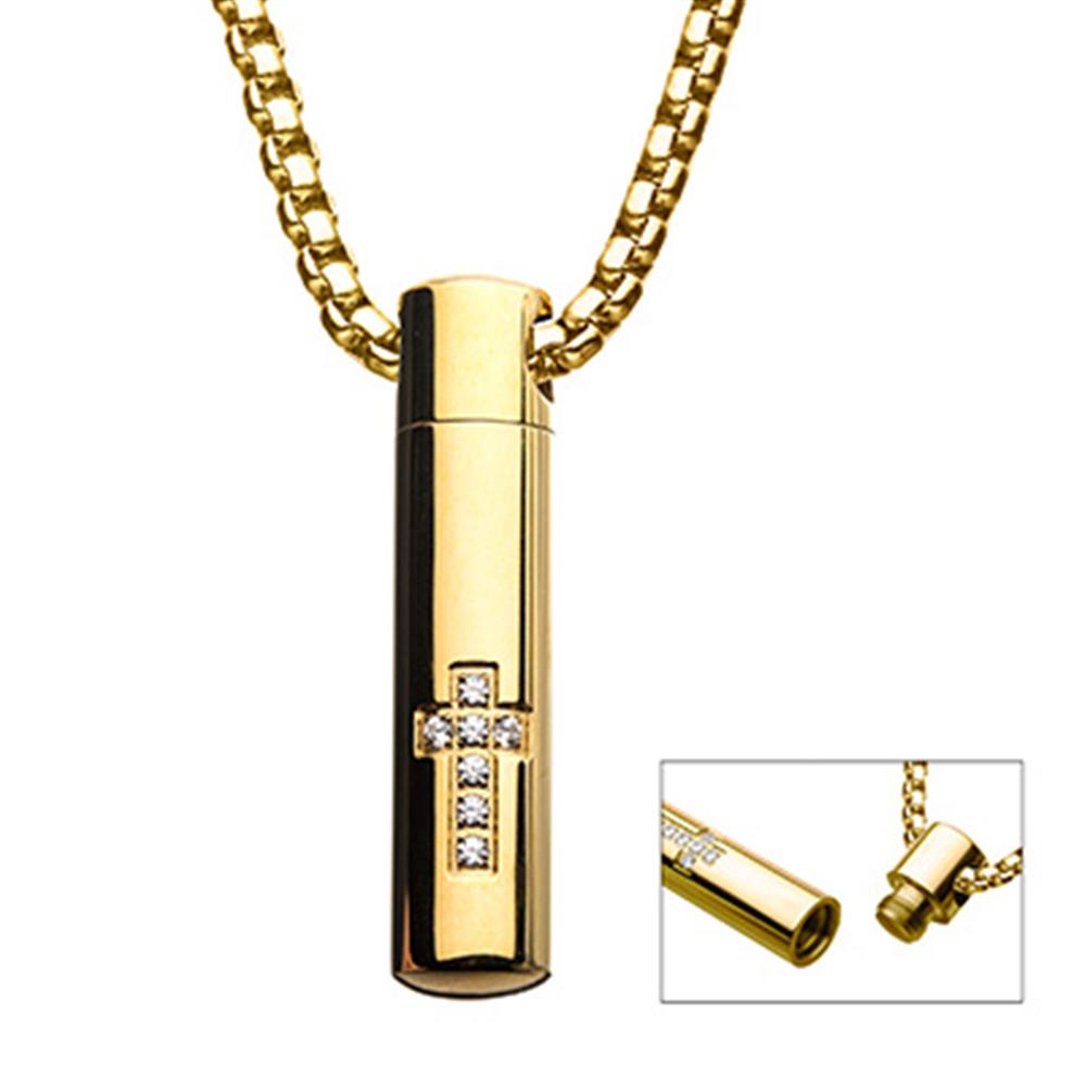 A stunning accessory, the Stainless Steel Gold Plated Stash with Cross Clear CZ Pendant from INOX features a cylindrical design adorned with small diamond-like stones. The pendant opens to reveal a hidden compartment inside. This 22" necklace comes with a thick gold link chain, making it both sturdy and stylish.